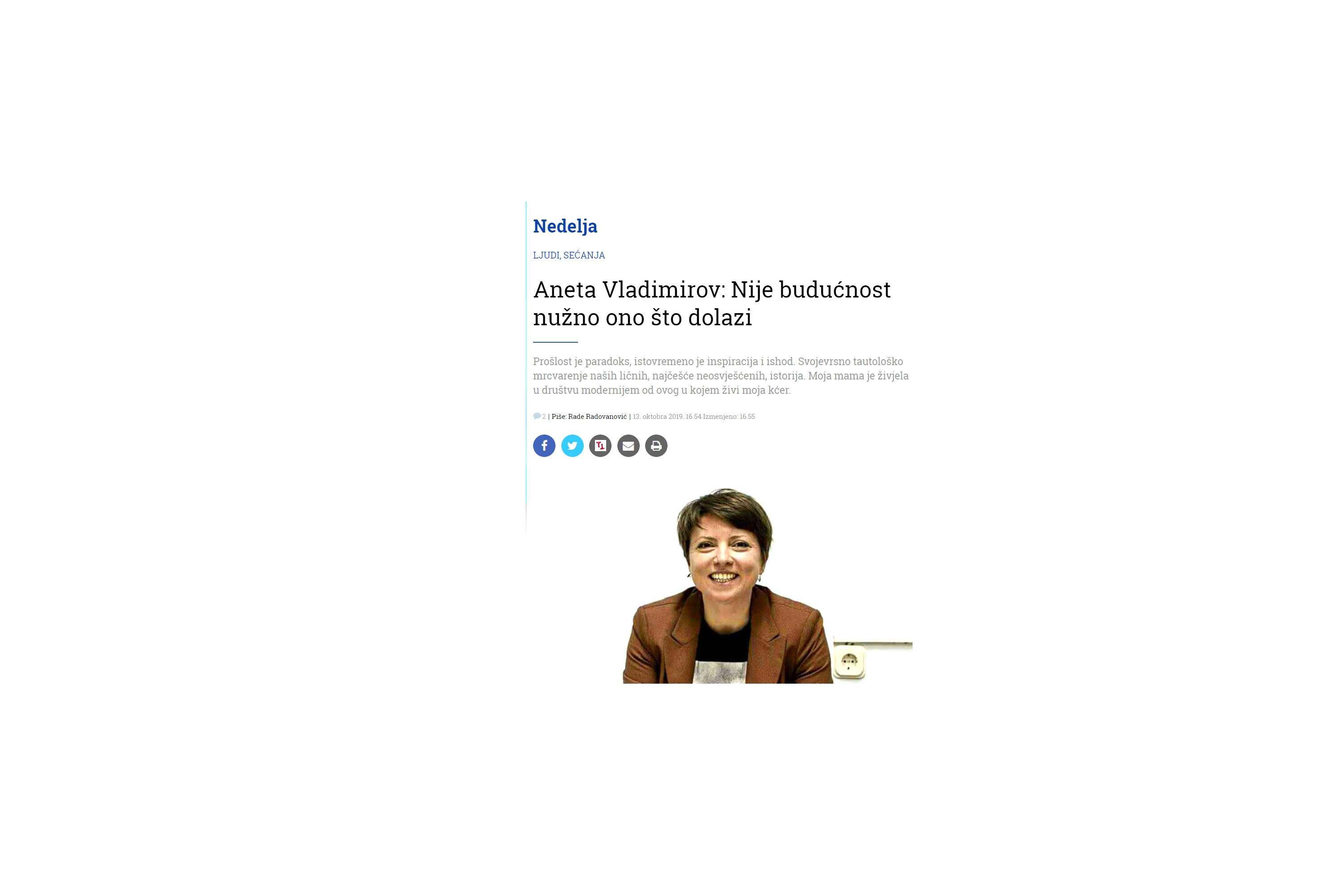 Aneta Vladimirov u “Danasu”: Nije budućnost nužno ono što dolazi